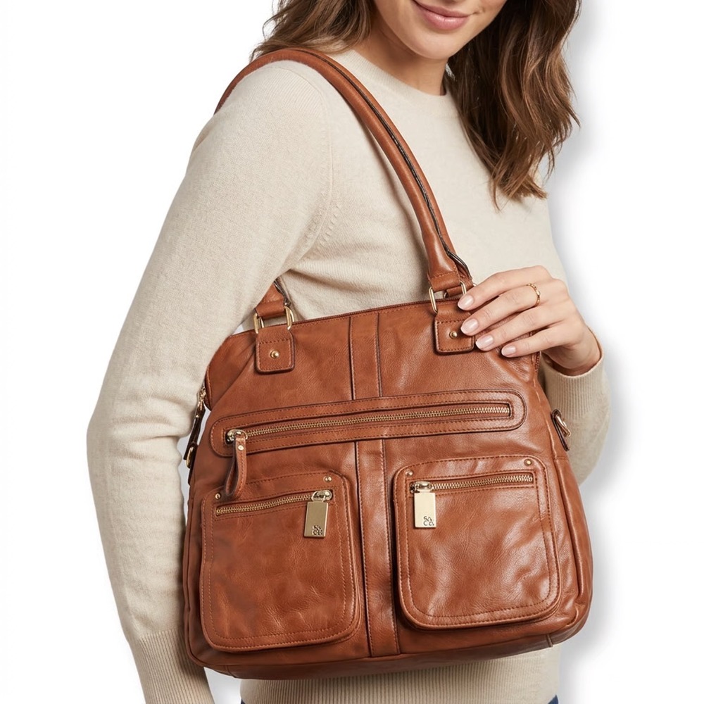 Style & Co Shoulder Bag Women's OS Cognac Multi-Pocket Faux Leather Fair